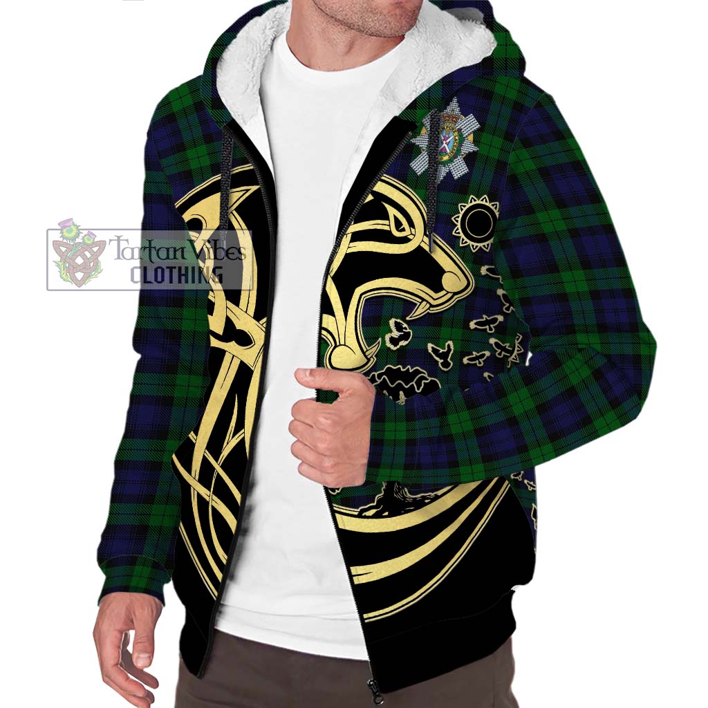 Black Watch Tartan Sherpa Hoodie with Family Crest Celtic Wolf Style Unisex S - Tartan Vibes Clothing