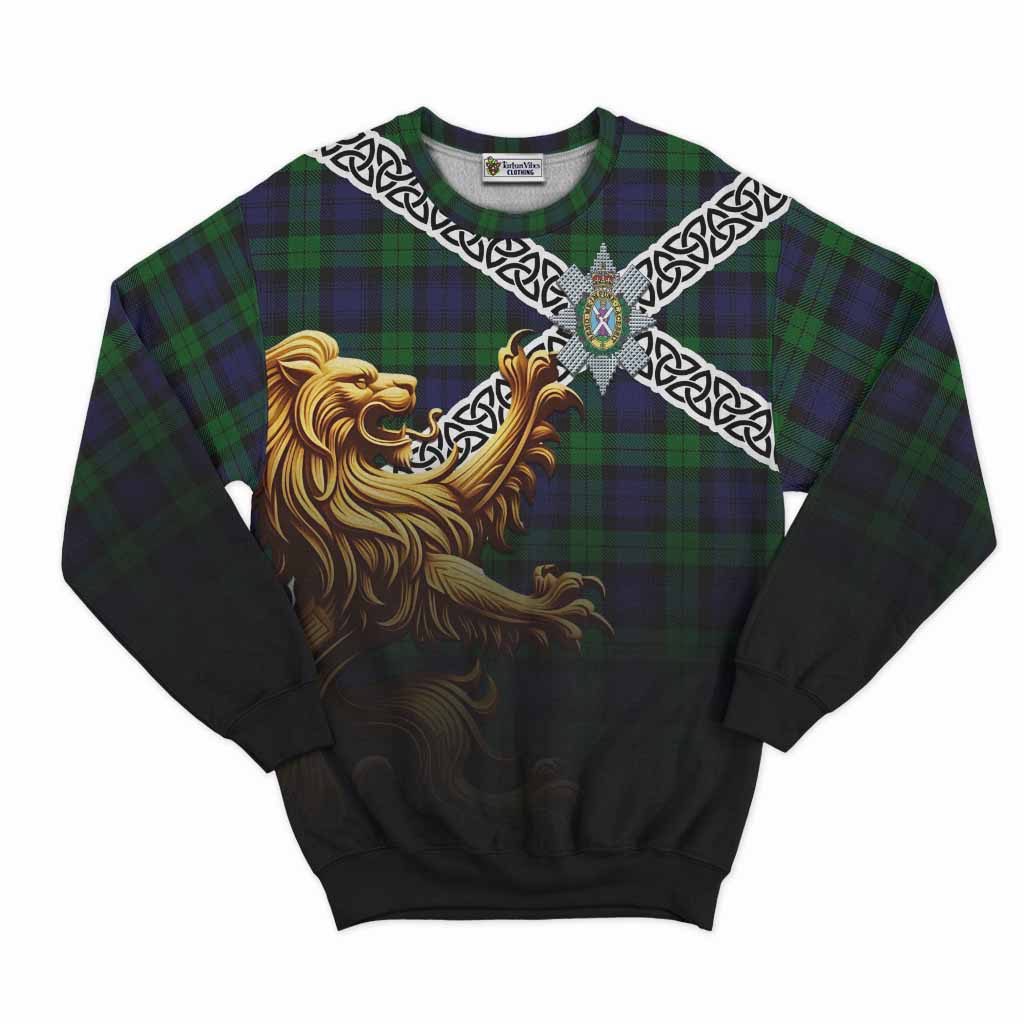 Black Watch Crest Tartan Sweatshirt with Golden Lion Emblem Celtic Style Unisex - Tartan Vibes Clothing