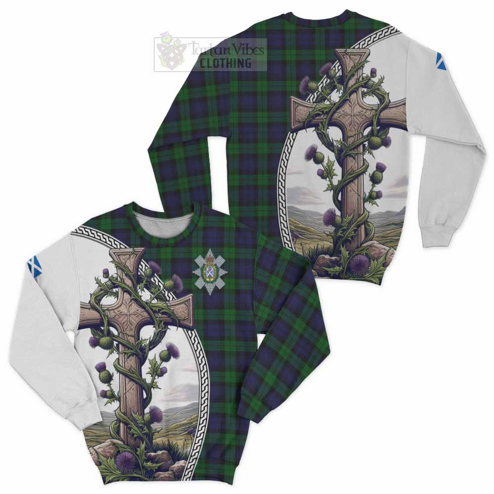 Tartan Vibes Clothing Black Watch Tartan Sweatshirt with Family Crest and St. Andrew's Cross Accented by Thistle Vines