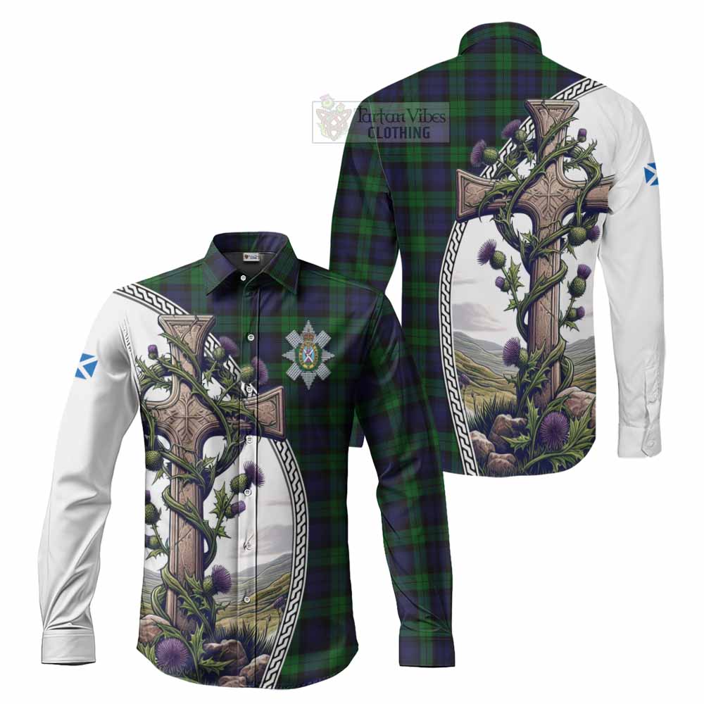 Tartan Vibes Clothing Black Watch Tartan Long Sleeve Button Shirt with Family Crest and St. Andrew's Cross Accented by Thistle Vines