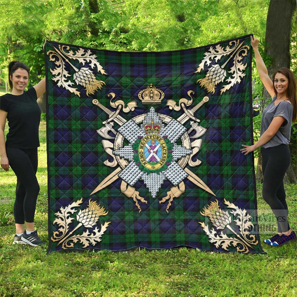 Tartan Vibes Clothing Black Watch Tartan Quilt with Family Crest and Scottish Golden Courage Shield