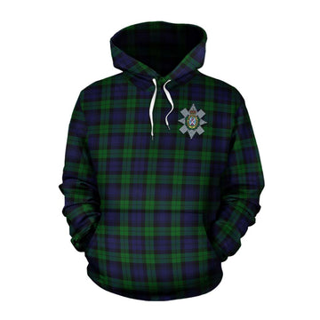 Black Watch Tartan Cotton Hoodie with Family Crest Celtic Skull Style