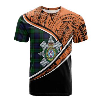 Black Watch Crest Tartan Cotton T-shirt with Polynesian Vibes Style - Orange Version