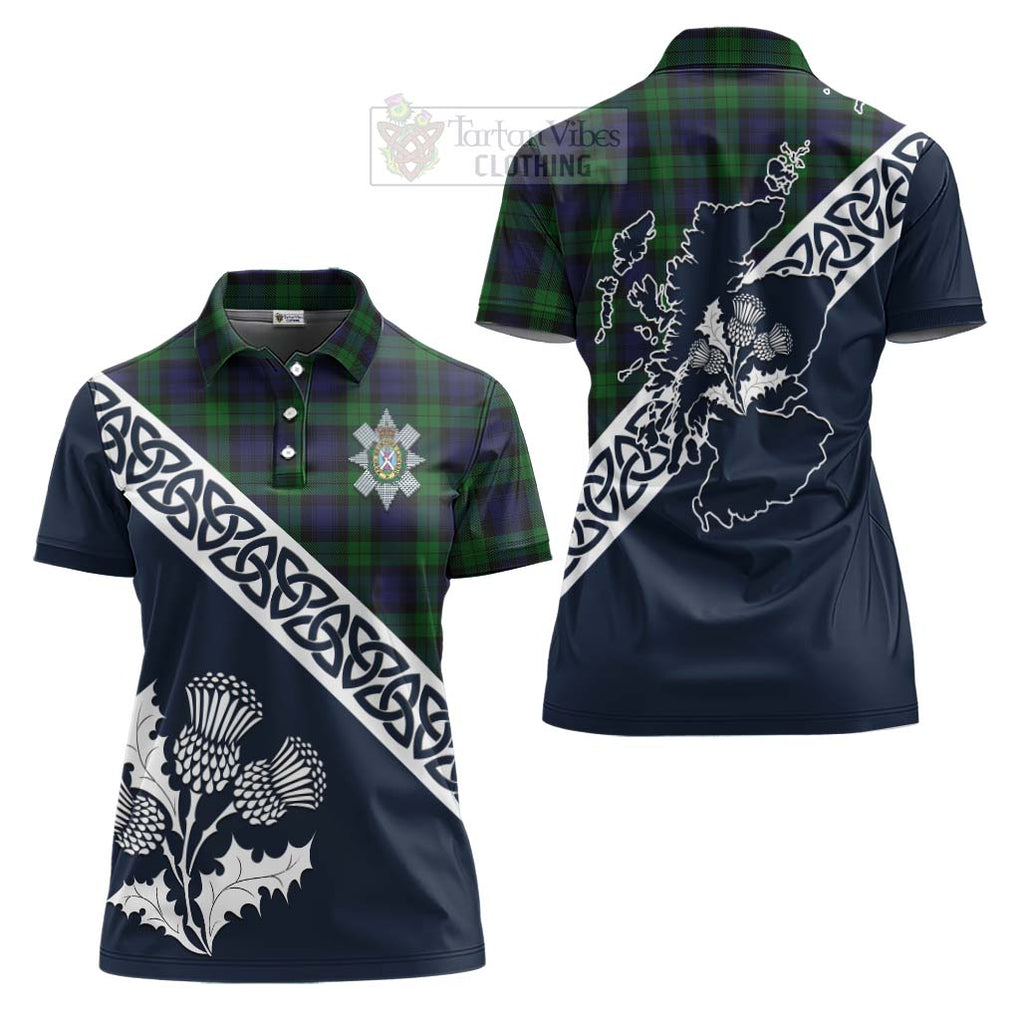 Tartan Vibes Clothing Black Watch Tartan Women's Polo Shirt Featuring Thistle and Scotland Map