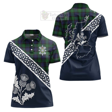 Black Watch Tartan Women's Polo Shirt Featuring Thistle and Scotland Map