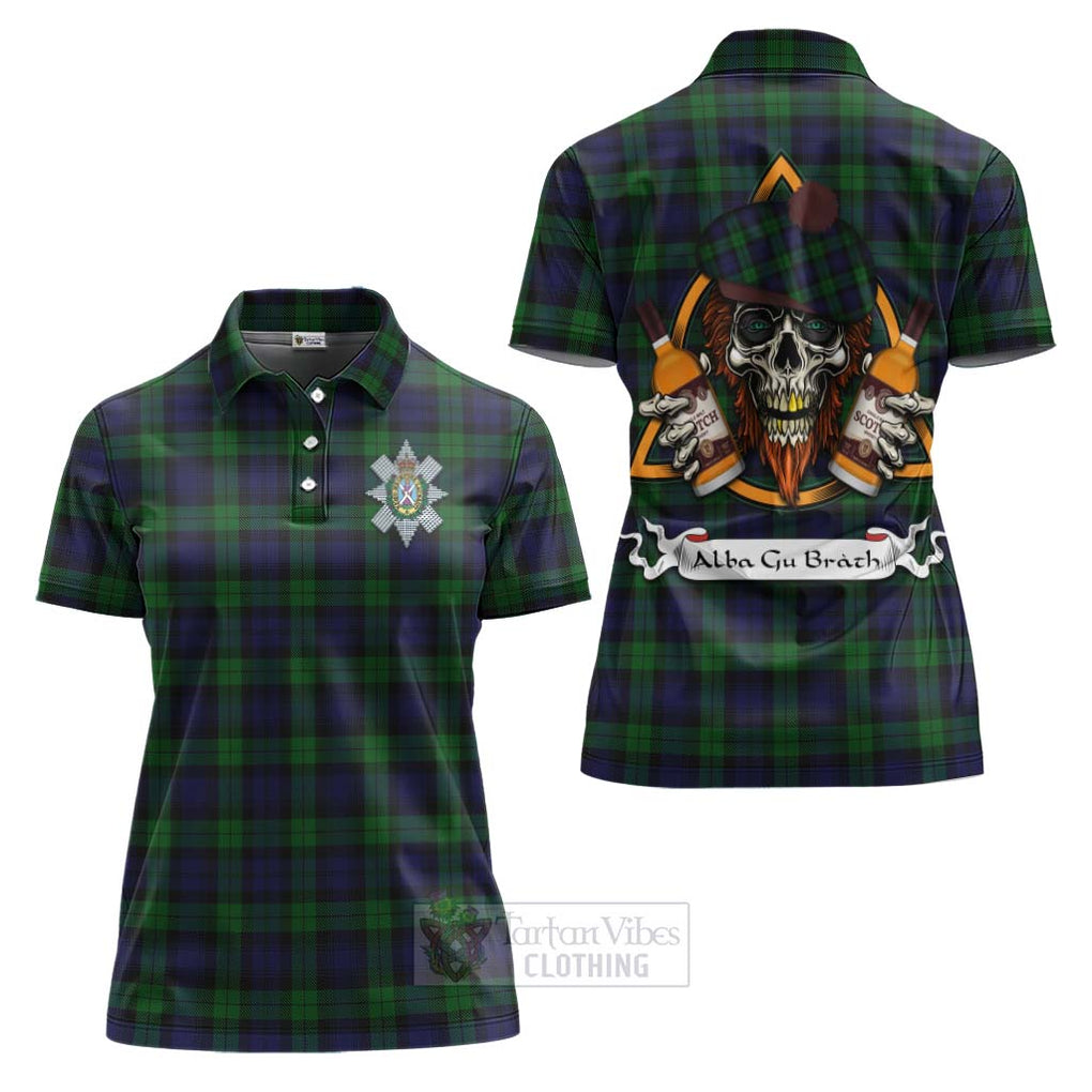 Tartan Vibes Clothing Black Watch Tartan Women's Polo Shirt with Family Crest and Bearded Skull Holding Bottles of Whiskey