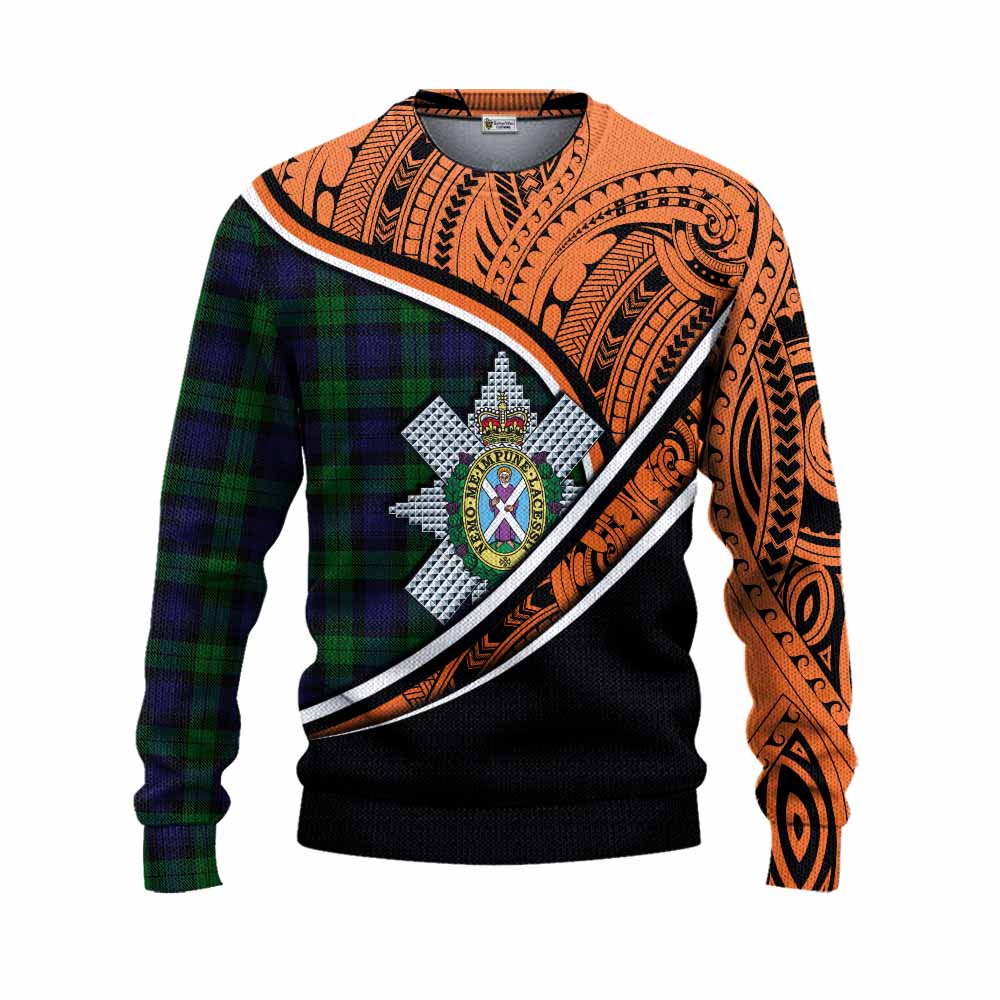 Tartan Vibes Clothing Black Watch Crest Tartan Knitted Sweater with Maori Tattoo Style - Orange Version