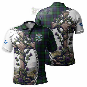 Black Watch Tartan Polo Shirt with Family Crest and St. Andrew's Cross Accented by Thistle Vines