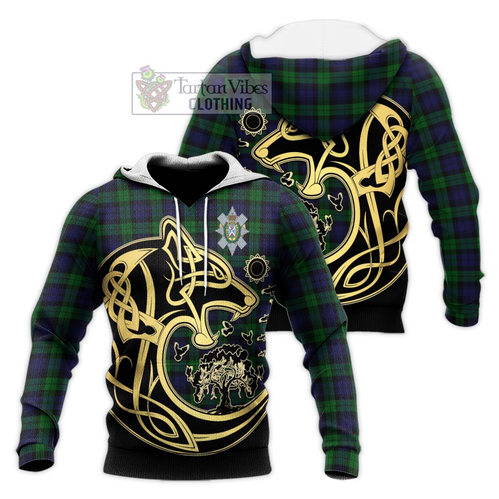 Black Watch Tartan Knitted Hoodie with Family Crest Celtic Wolf Style Unisex Knitted Pullover Hoodie - Tartan Vibes Clothing