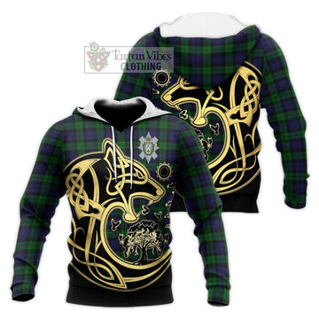 Black Watch Tartan Knitted Hoodie with Family Crest Celtic Wolf Style