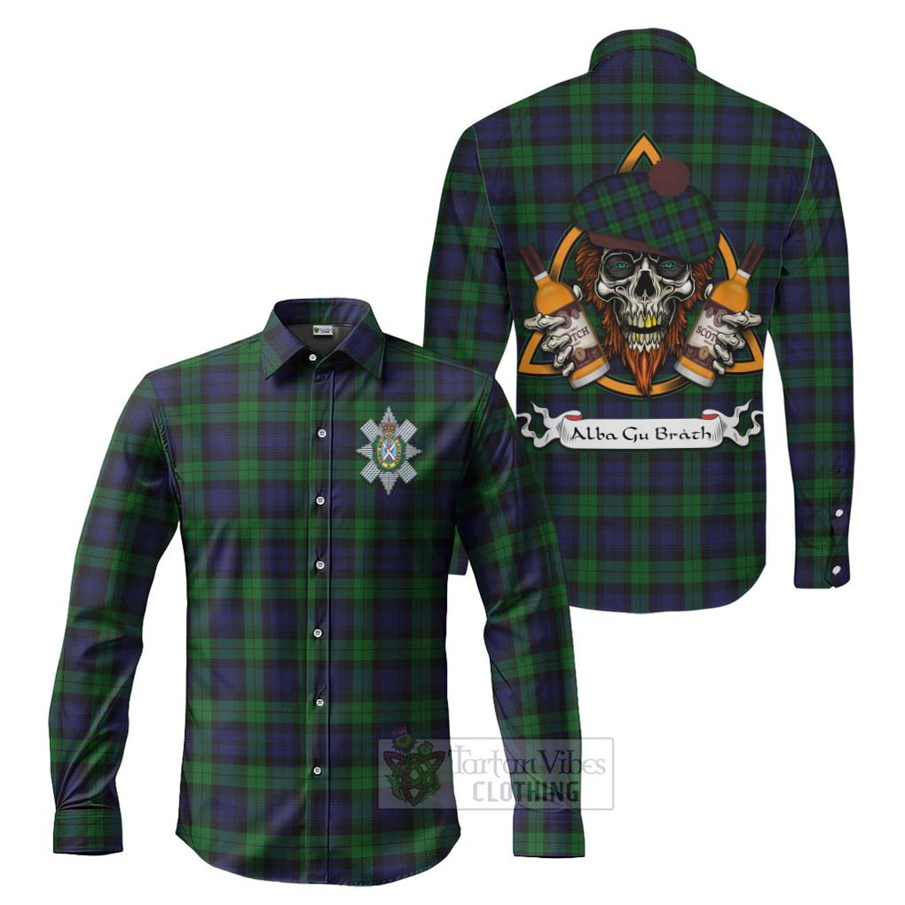 Tartan Vibes Clothing Black Watch Tartan Long Sleeve Button Shirt with Family Crest and Bearded Skull Holding Bottles of Whiskey