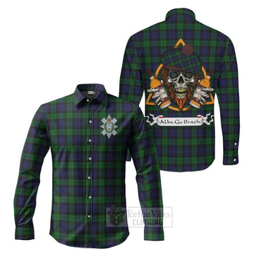 Black Watch Tartan Long Sleeve Button Shirt with Family Crest and Bearded Skull Holding Bottles of Whiskey