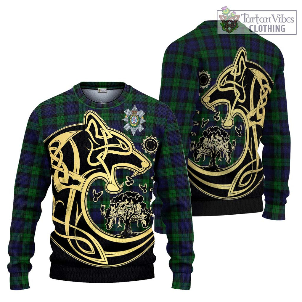 Black Watch Tartan Knitted Sweater with Family Crest Celtic Wolf Style Unisex - Tartan Vibes Clothing