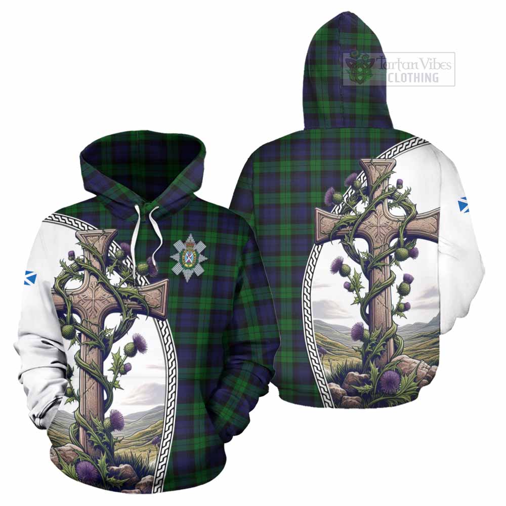 Tartan Vibes Clothing Black Watch Tartan Hoodie with Family Crest and St. Andrew's Cross Accented by Thistle Vines