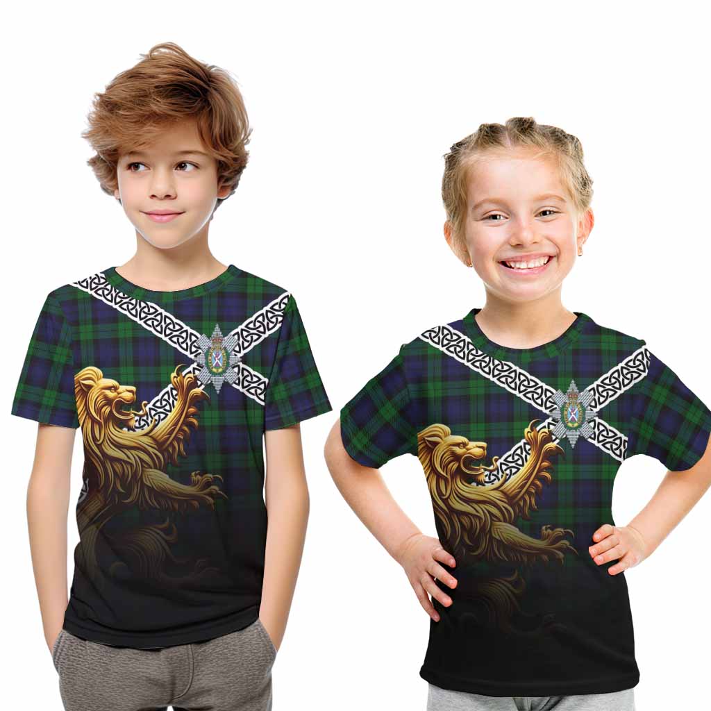 Black Watch Crest Tartan Kid T-Shirt with Golden Lion Emblem Celtic Style Youth XL Size14 - Tartan Vibes Clothing