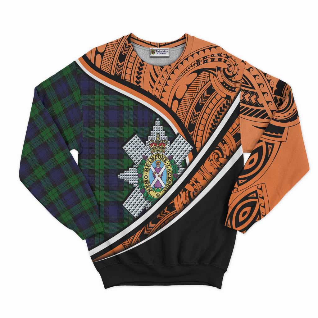 Tartan Vibes Clothing Black Watch Crest Tartan Sweatshirt with Maori Tattoo Style - Orange Version