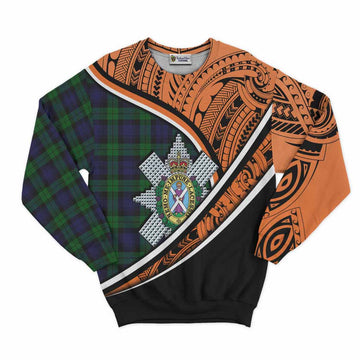 Black Watch Crest Tartan Sweatshirt with Polynesian Vibes Style - Orange Version