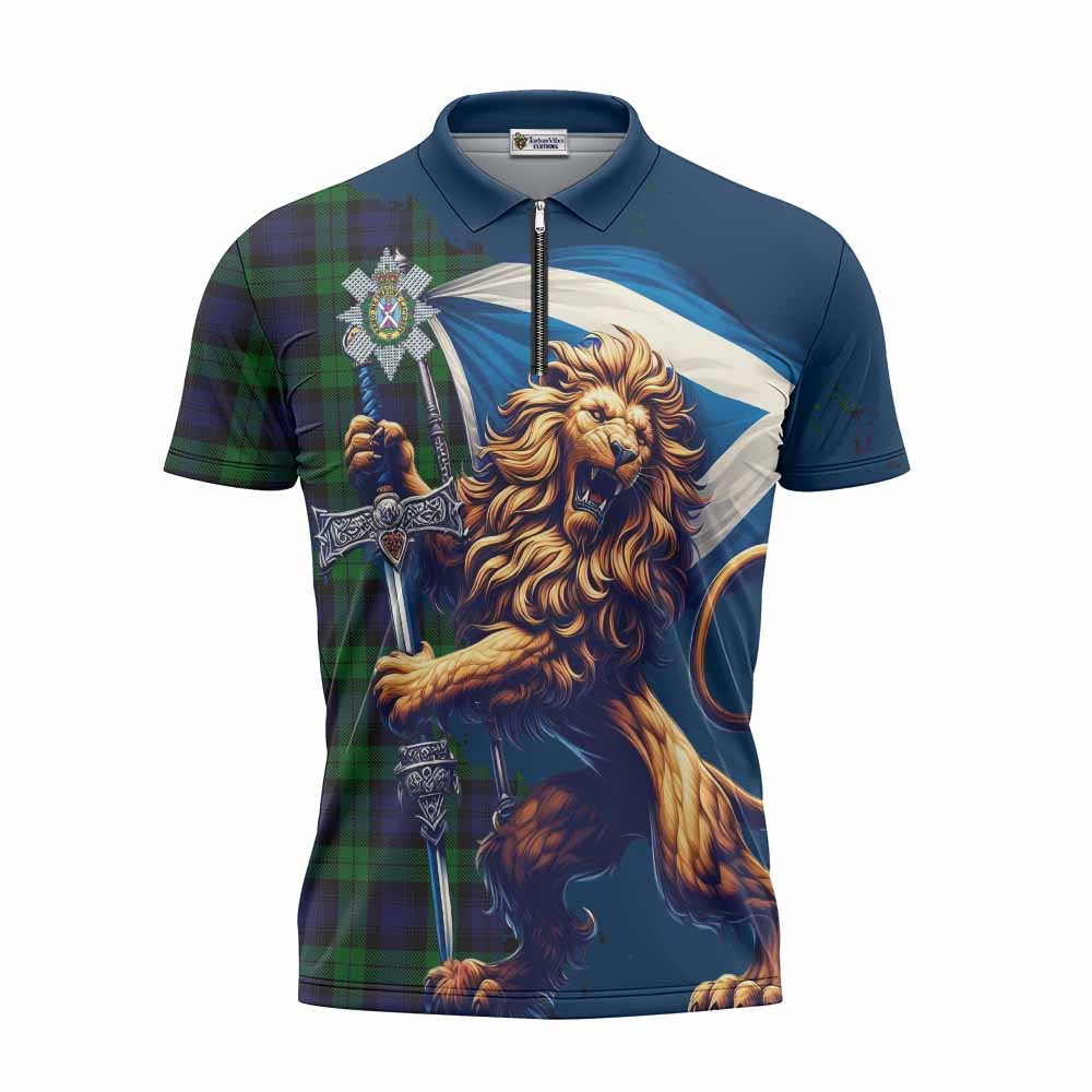 Tartan Vibes Clothing Black Watch Tartan Family Crest Zipper Polo Shirt with Scottish Majestic Lion