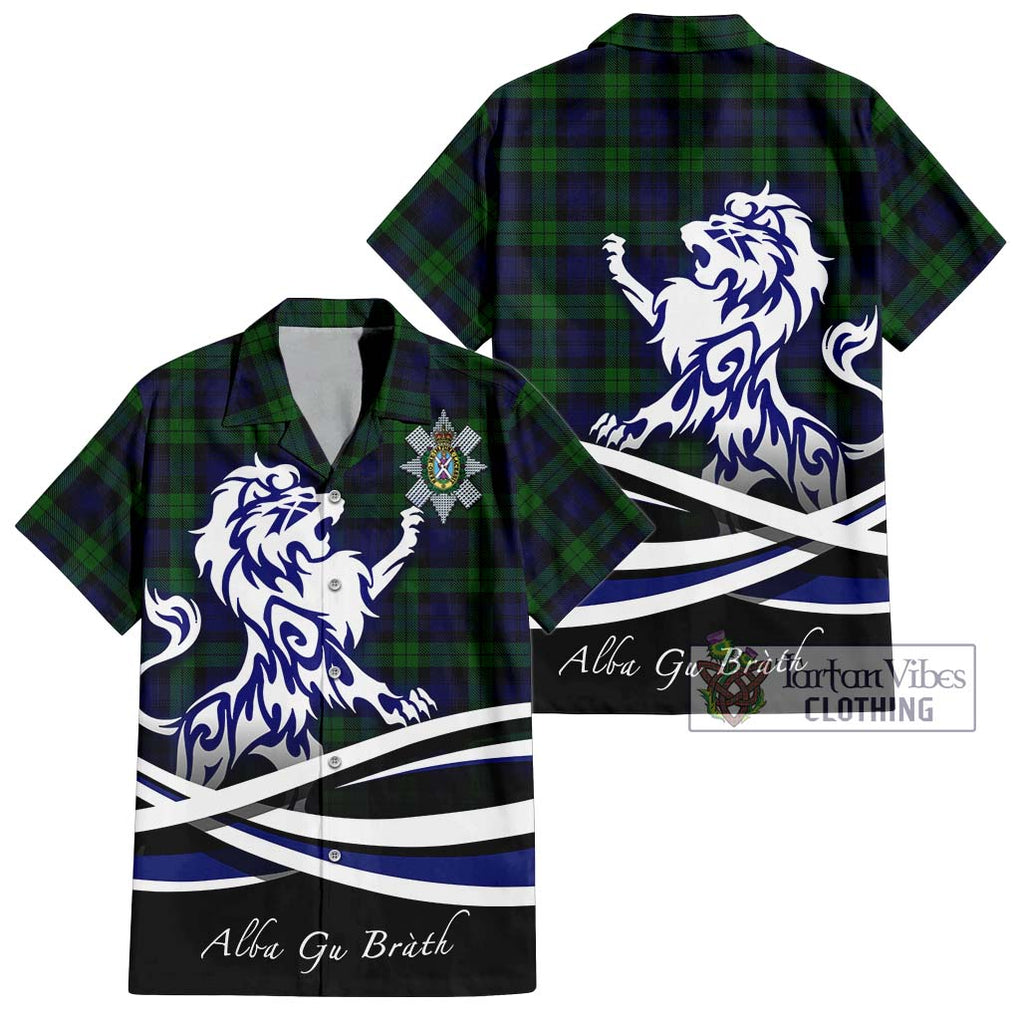 Black Watch Tartan Short Sleeve Button Shirt with Alba Gu Brath Regal Lion Emblem Kid - Tartanvibesclothing Shop