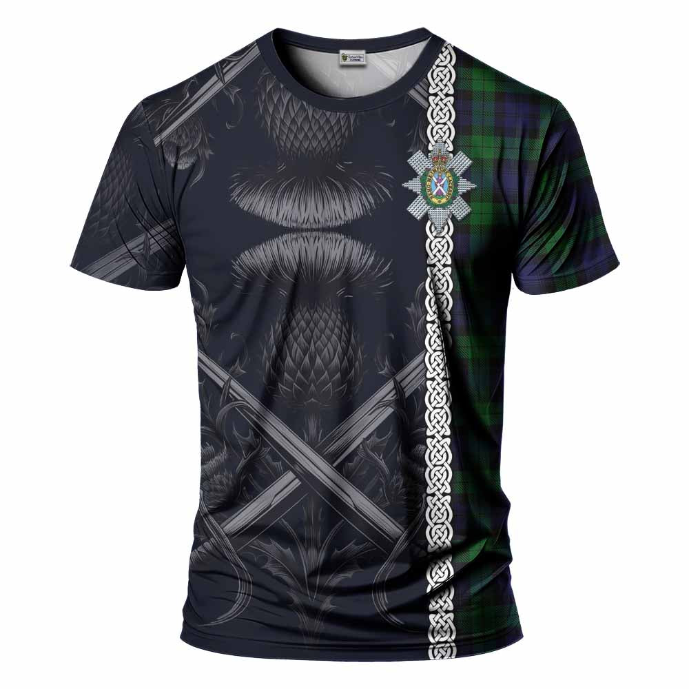 Tartan Vibes Clothing Black Watch Tartan T-Shirt with Family Crest Cross Sword Thistle Celtic Vibes