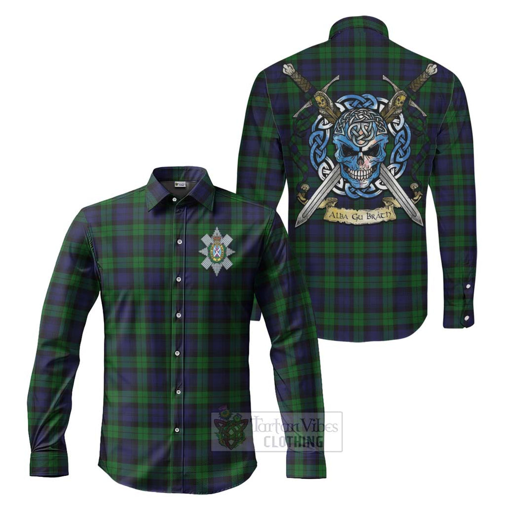 Tartan Vibes Clothing Black Watch Tartan Long Sleeve Button Shirt with Family Crest Celtic Skull Style