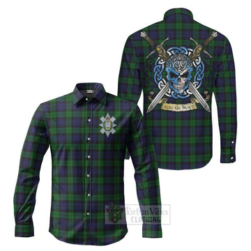 Black Watch Tartan Long Sleeve Button Shirt with Family Crest Celtic Skull Style