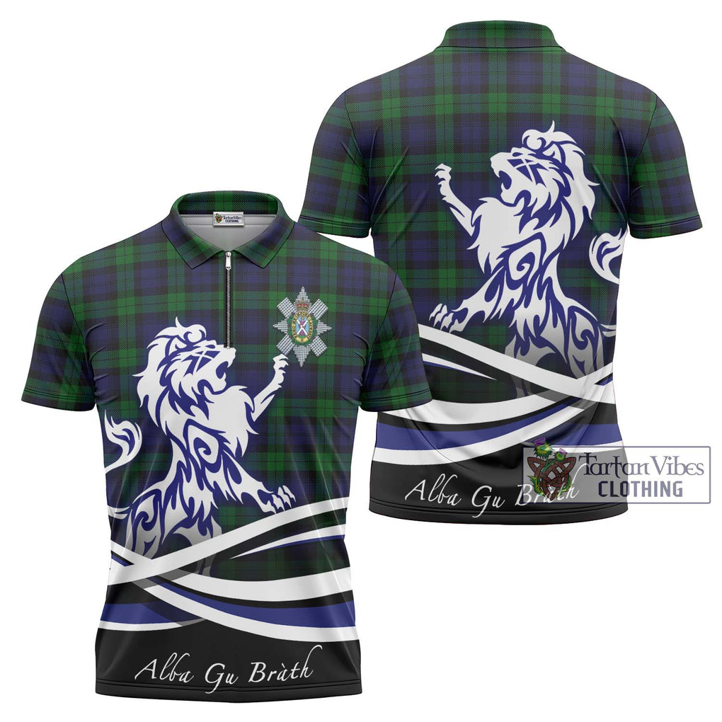 Black Watch Tartan Zipper Polo Shirt with Alba Gu Brath Regal Lion Emblem Unisex - Tartanvibesclothing Shop