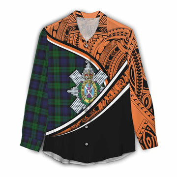 Black Watch Crest Tartan Women's Casual Shirt with Polynesian Vibes Style - Orange Version