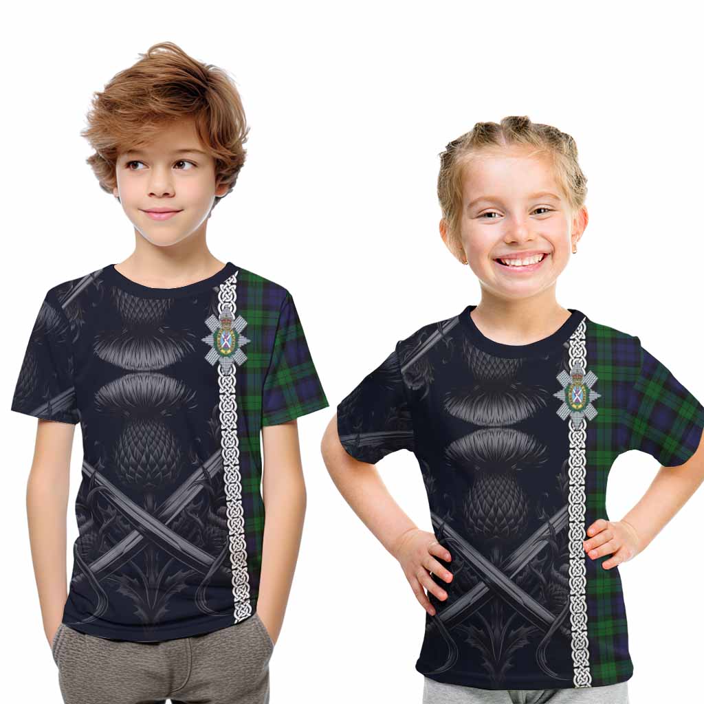 Black Watch Tartan Kid T-Shirt with Family Crest Cross Sword Thistle Celtic Vibes Youth XL Size14 - Tartan Vibes Clothing
