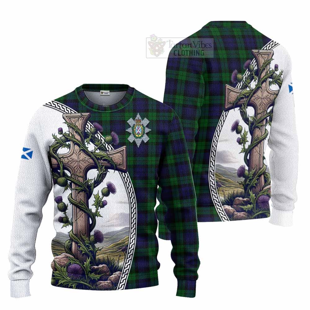 Tartan Vibes Clothing Black Watch Tartan Knitted Sweater with Family Crest and St. Andrew's Cross Accented by Thistle Vines