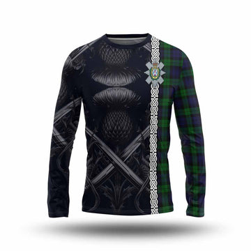 Black Watch Tartan Long Sleeve T-Shirt with Family Crest Cross Sword Thistle Celtic Vibes