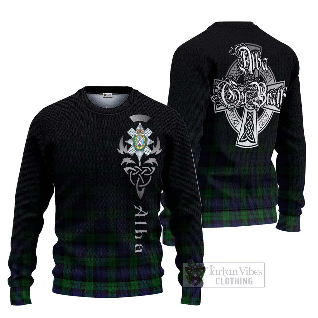 Tartan Vibes Clothing Black Watch Tartan Knitted Sweater Featuring Alba Gu Brath Family Crest Celtic Inspired