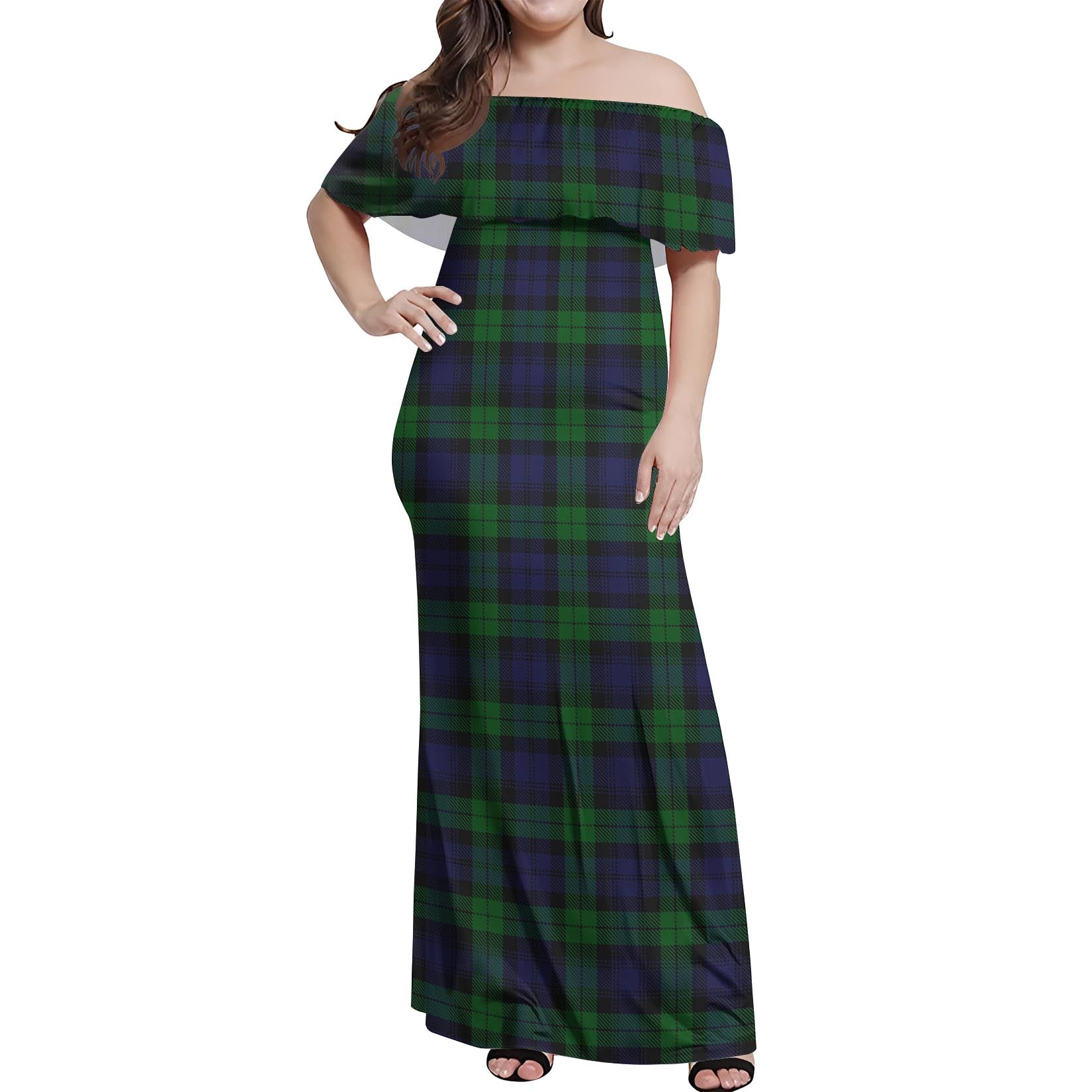 Black Watch Tartan Off Shoulder Long Dress Women's Dress - Tartanvibesclothing