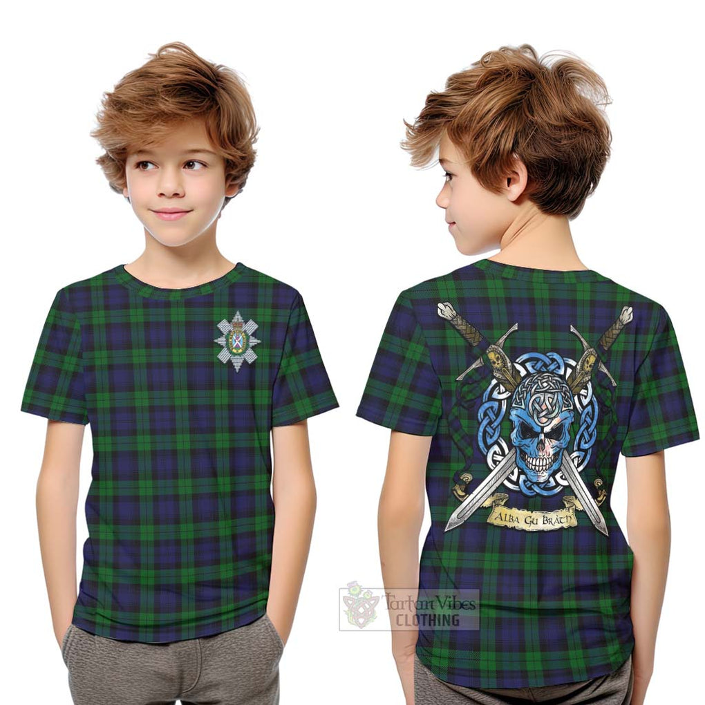 Tartan Vibes Clothing Black Watch Tartan Kid T-Shirt with Family Crest Celtic Skull Style