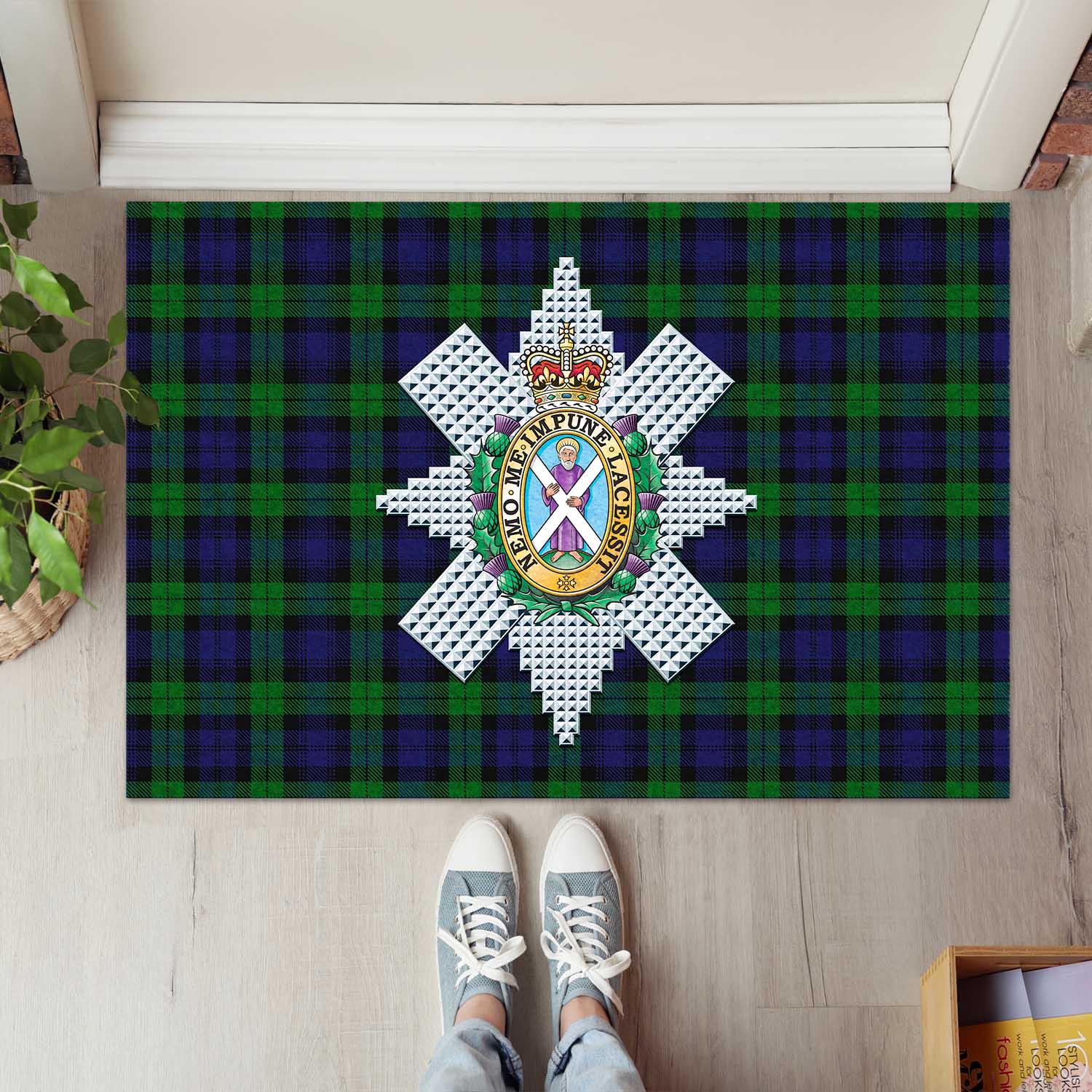 Black Watch Tartan Door Mat with Family Crest - Tartanvibesclothing