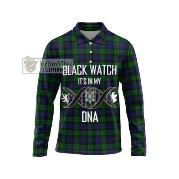 Black Watch Tartan Long Sleeve Polo Shirt with Family Crest DNA In Me Style