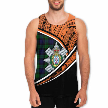 Black Watch Crest Tartan Men's Tank Top with Polynesian Vibes Style - Orange Version