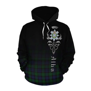 Black Watch Tartan Cotton Hoodie Featuring Alba Gu Brath Family Crest Celtic Inspired