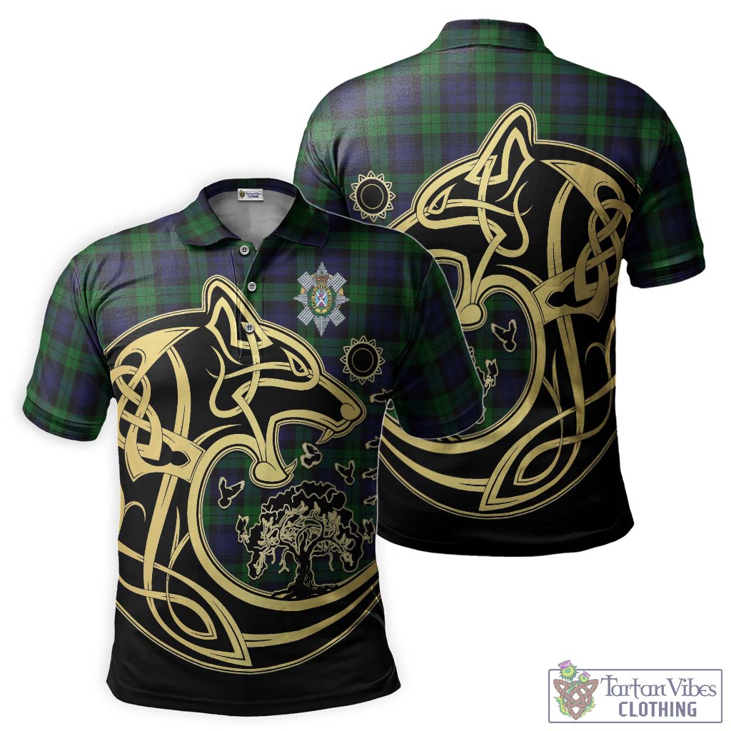 Black Watch Tartan Polo Shirt with Family Crest Celtic Wolf Style Kid - Tartanvibesclothing Shop