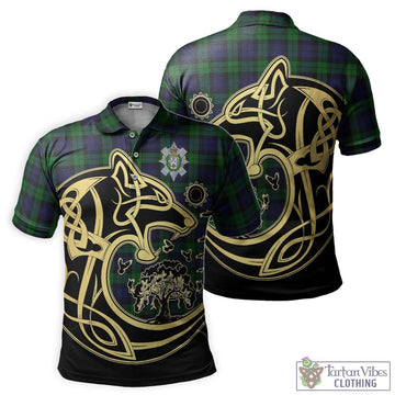 Black Watch Tartan Polo Shirt with Family Crest Celtic Wolf Style