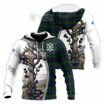 Black Watch Tartan Knitted Hoodie with Family Crest and St. Andrew's Cross Accented by Thistle Vines