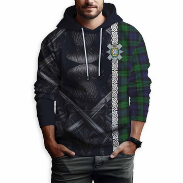 Black Watch Tartan Hoodie with Family Crest Cross Sword Thistle Celtic Vibes