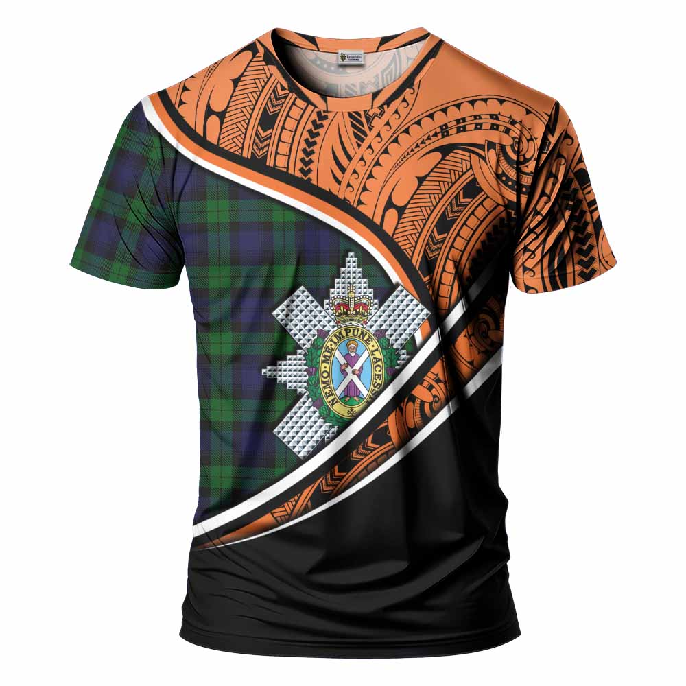 Tartan Vibes Clothing Black Watch Crest Tartan T-Shirt with Maori Tattoo Style - Orange Version