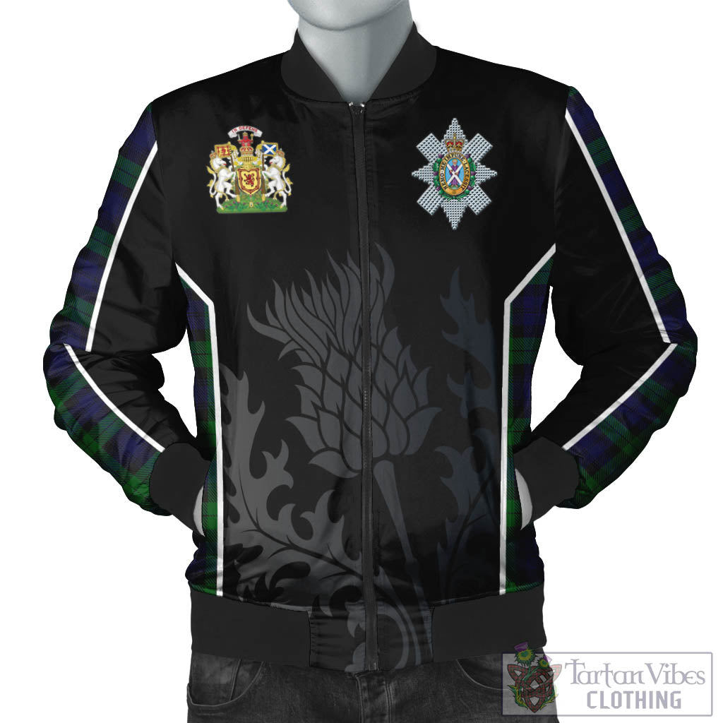 Tartan Vibes Clothing Black Watch Tartan Bomber Jacket with Family Crest and Scottish Thistle Vibes Sport Style