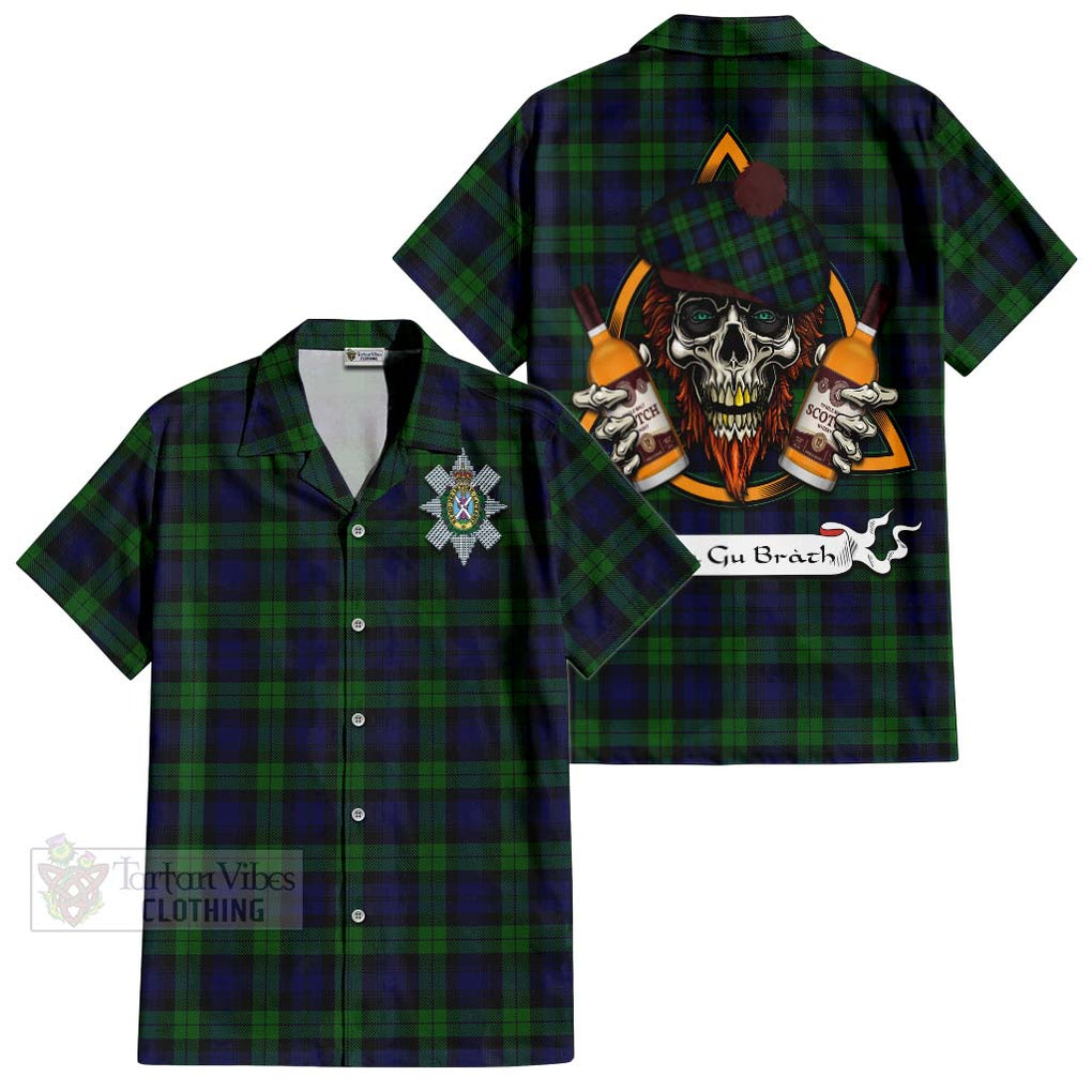 Tartan Vibes Clothing Black Watch Tartan Short Sleeve Button Shirt with Family Crest and Bearded Skull Holding Bottles of Whiskey