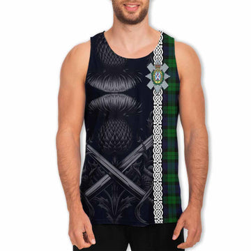 Black Watch Tartan Men's Tank Top with Family Crest Cross Sword Thistle Celtic Vibes