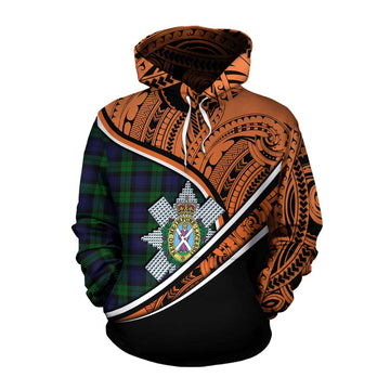 Black Watch Crest Tartan Cotton Hoodie with Polynesian Vibes Style - Orange Version