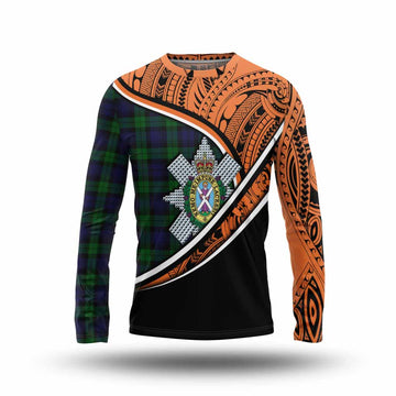 Black Watch Crest Tartan Long Sleeve T-Shirt with Polynesian Vibes Style - Orange Version