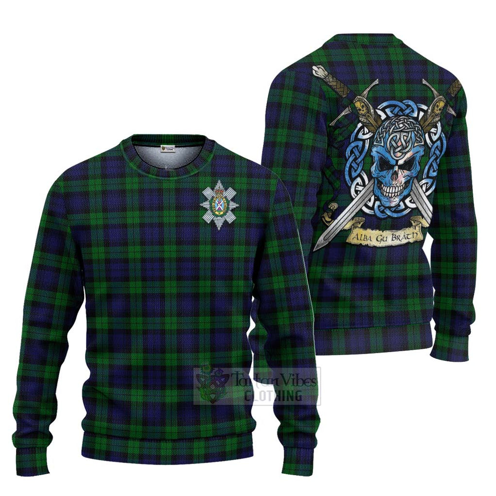 Tartan Vibes Clothing Black Watch Tartan Knitted Sweater with Family Crest Celtic Skull Style