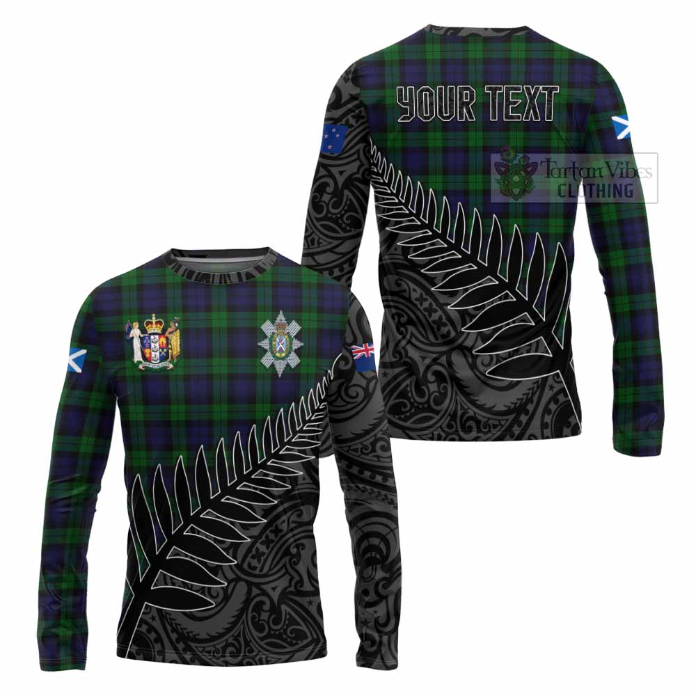 Tartan Vibes Clothing Black Watch Crest Tartan Long Sleeve T-Shirt with New Zealand Silver Fern Half Style